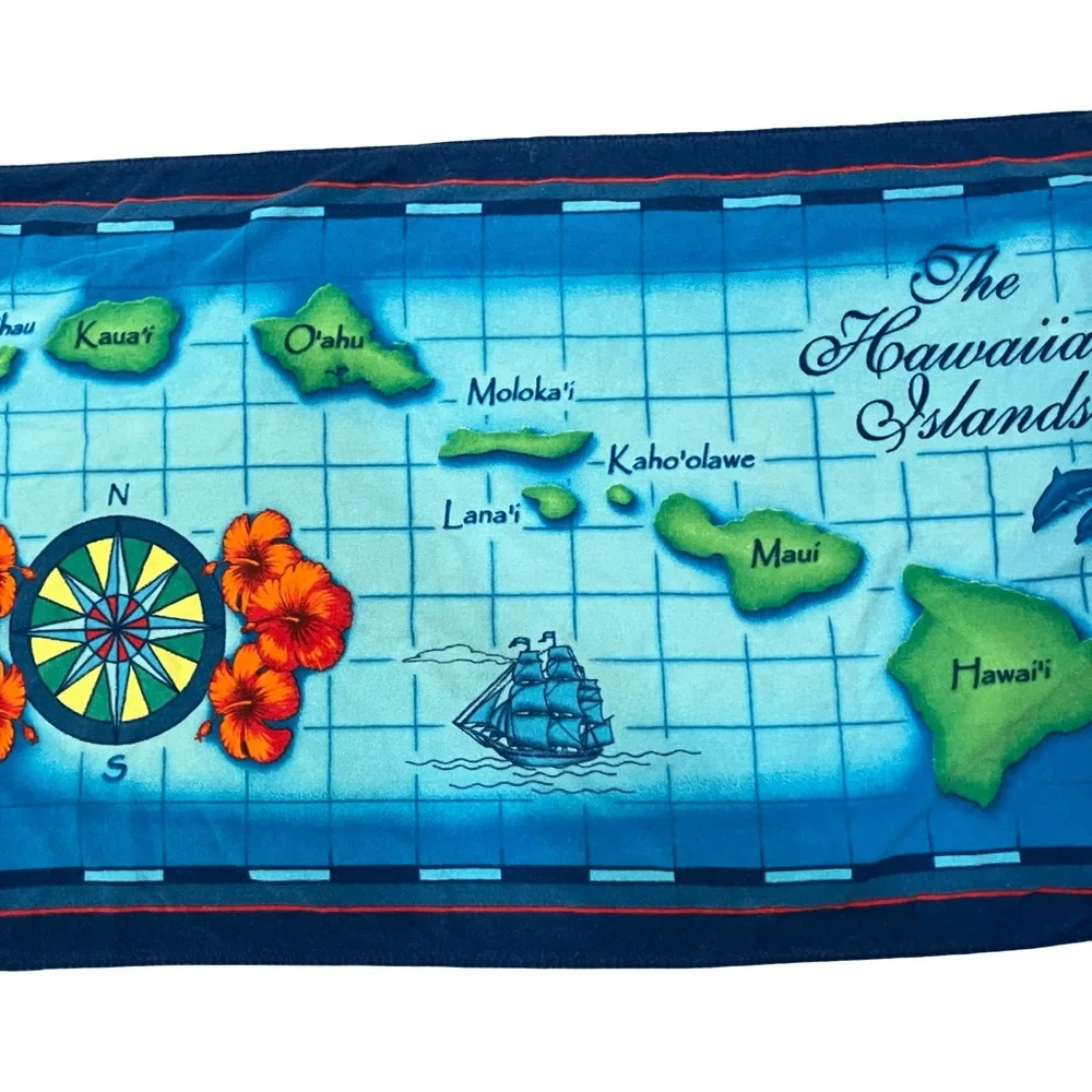 Hawaiian Islands Blue Beach Towels Pair Couples Vacation Map Bath